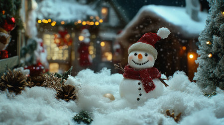 A festive scene with a snowman figurine placed on a bed of cotton snow, surrounded by holiday decorations.の素材