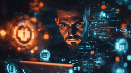 A hacker with a serious expression holding a laptop, with digital key symbols and firewalls around him.の素材