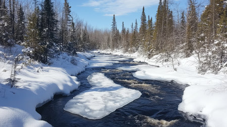 A frozen river partially thawed, flowing gently through a snow-blanketed forest.の素材