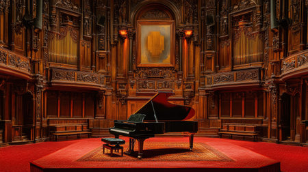 A grand piano on a red-carpeted stage surrounded by intricate wooden panels in a vintage concert hall.の素材
