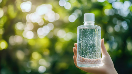 A sleek bottle of clear mouthwash held against a bright green outdoor background, showcasing freshness.の素材