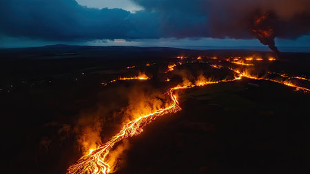 A drone view capturing the glowing rivers of lava flowing across a darkened volcanic plain.の素材