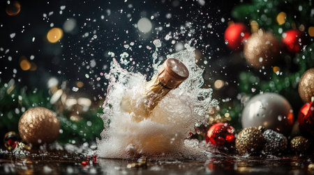 A dynamic shot of a champagne cork mid-air with bubbly foam erupting, festive decorations in the background.の素材