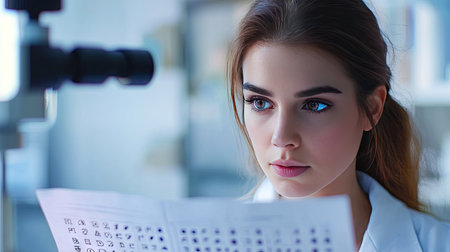 A woman reading an eye chart in a well-lit clinic, focusing on the smaller letters near the bottom.の素材