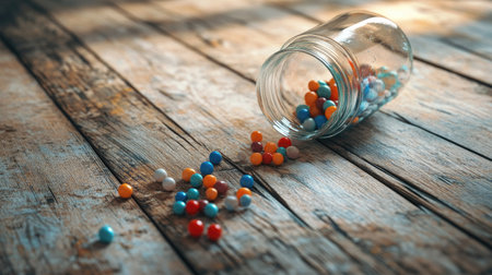 A glass jar broken on a wooden floor, with spilled marbles or beads rolling away from the fragments.の素材