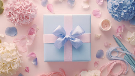 A flat-lay view of a gift box decorated with hydrangeas and ribbons, surrounded by crafting materials and petals.の素材