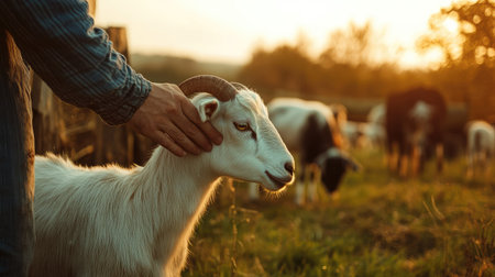 A farmhand petting a goat, with other animals grazing in the background.の素材