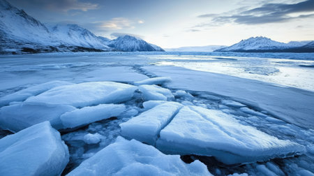 A dramatic view of a glacier breaking apart, with wide cracks and fallen ice blocks scattered.の素材