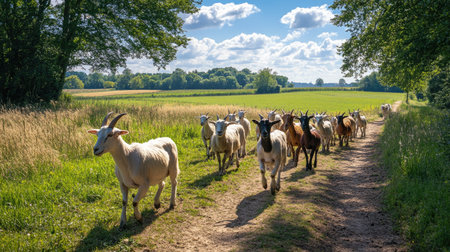 A herd of goats walking along a dirt path on a sunny farm, with trees and open fields in the distance.の素材