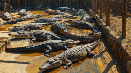 A fenced farm area filled with crocodiles lounging in the sun, with water troughs for hydration.の素材