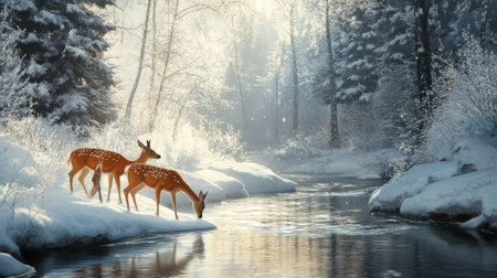 A family of deer drinking from a river flowing through a tranquil snow-covered forest.の素材