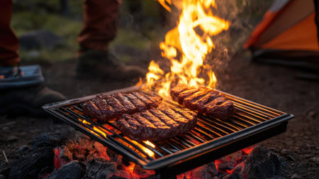 A dramatic shot of flames flaring up as beef steaks grill on a metal grate at a remote camping site.の素材