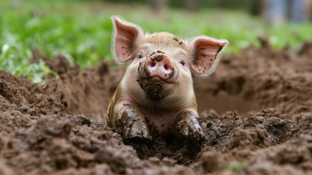 A happy piglet with mud on its nose, playfully digging into the soft soil on the farm.の素材