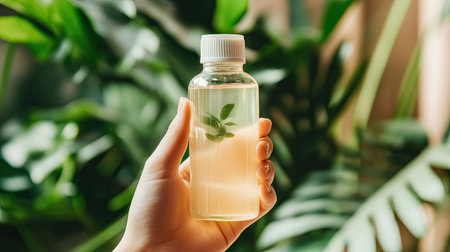 A hand holding a bottle of eco-friendly mouthwash with natural ingredients, with plants in the background.の素材