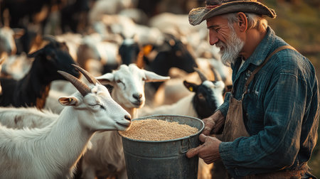 A farmer feeding a group of goats with a bucket of grain, with the goats eagerly gathered around.の素材