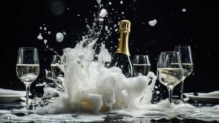 A dynamic splash of champagne foam from a freshly popped bottle surrounded by glasses on a table.の素材