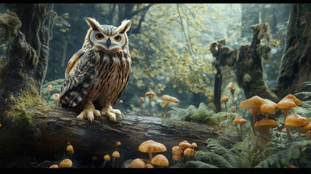 A forest floor scene with a large owl perched on a fallen log, surrounded by mushrooms and ferns.の素材