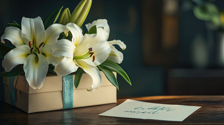 A gift box adorned with fresh lilies, sitting next to a handwritten note on a wooden desk.の素材