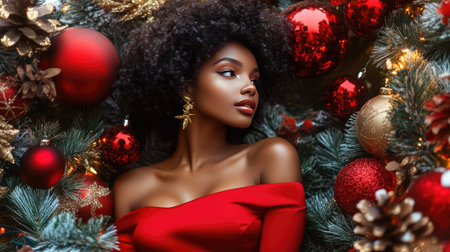 A festive look with a woman in a red off-the-shoulder dress, surrounded by Christmas decorations.の素材