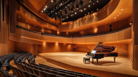 A grand piano in a brightly lit concert hall with a wooden stage and elegant acoustic design.の素材