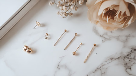 A flat lay of minimalist piercing jewelry, including barbell earrings and studs, on a marble surface.の素材