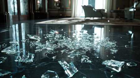 A dramatic shot of broken glass from a chandelier scattered on a polished black floor.の素材