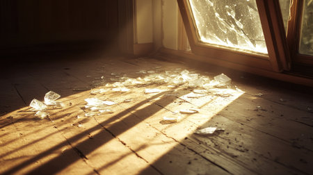 A fallen windowpane with glass shards scattered across a dusty wooden floor, lit by soft daylight.の素材