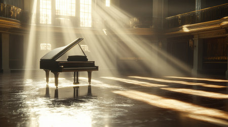 A grand piano spotlighted on an empty stage in a grand concert hall, with polished floors reflecting the light.の素材