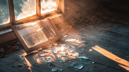 A fallen windowpane with glass shards scattered across a dusty wooden floor, lit by soft daylight.の素材