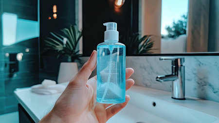 A hand holding a transparent bottle of blue mouthwash, with a clean bathroom sink and mirror in the background.の素材