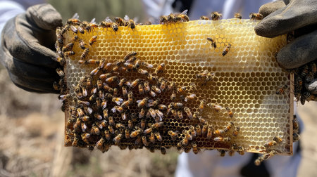 A freshly harvested honeycomb frame, covered with honeybees busily collecting nectar.の素材
