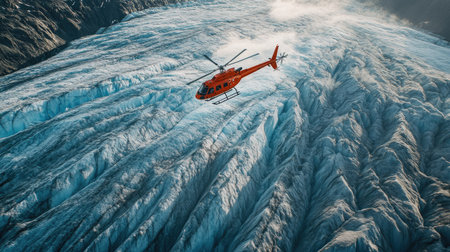 A helicopter flying over a glacier riddled with cracks, emphasizing its massive scale.の素材