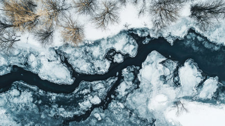 A frozen forest river, with patches of flowing water carving through thick ice.の素材