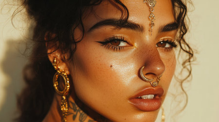 A woman showcasing a statement septum ring with intricate gold details, against a softly lit background.の素材