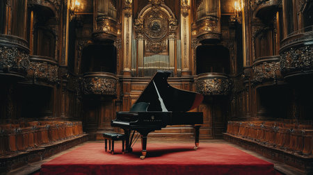 A grand piano on a red-carpeted stage surrounded by intricate wooden panels in a vintage concert hall.の素材