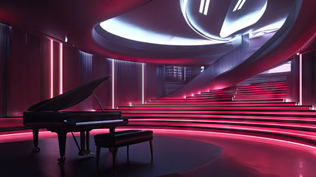 A futuristic concert hall featuring sleek architecture and a grand piano lit with subtle neon lighting.の素材