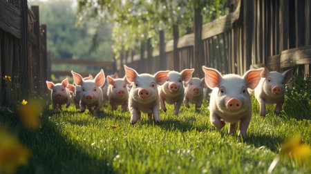 A group of piglets frolicking in a grassy outdoor pen, surrounded by wooden fencing.の素材