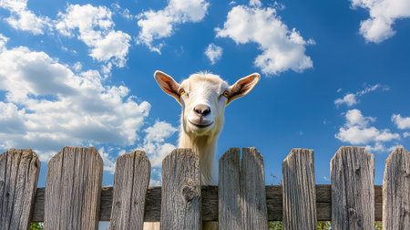 A goat peeking out from behind a wooden fence, with a bright blue sky and fluffy clouds above.の素材
