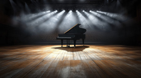 A grand piano spotlighted on an empty stage in a grand concert hall, with polished floors reflecting the light.の素材