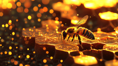A single bee crawling across a hexagonal honeycomb, surrounded by shimmering nectar.の素材