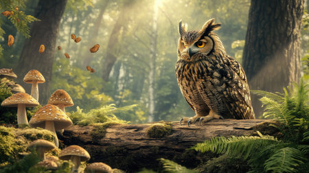 A forest floor scene with a large owl perched on a fallen log, surrounded by mushrooms and ferns.の素材