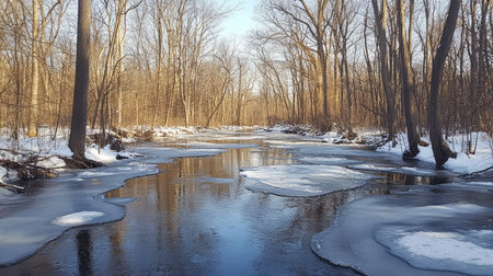 A frozen forest river, with patches of flowing water carving through thick ice.の素材