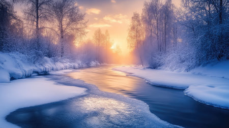 A frozen river partially thawed, flowing gently through a snow-blanketed forest.の素材