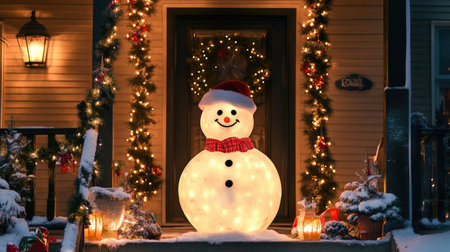 A glowing snowman Christmas decoration on a front porch, surrounded by festive garlands and lanterns.の素材