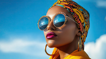 A woman with a hoop nose ring, wearing a bold patterned headscarf and statement sunglasses on a sunny day.の素材
