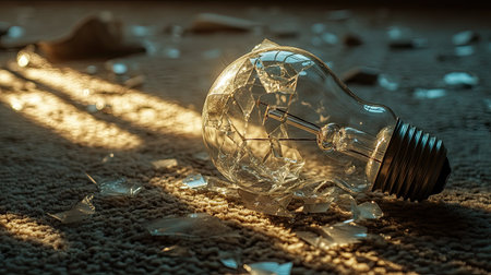 A shattered light bulb on a carpeted floor, with small reflective glass pieces glinting under soft light.の素材