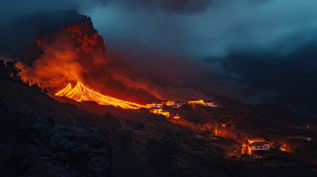 Lava flowing towards a small village at the foot of a volcano, casting an eerie orange glow.の素材