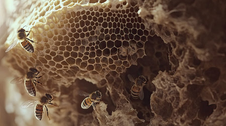 Honeybees building comb structures, showcasing their intricate teamwork.の素材