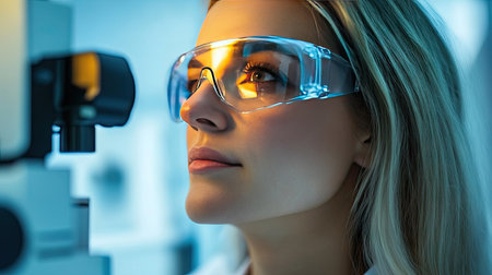 A woman undergoing a depth perception test with specialized glasses in a clinical setting.の素材