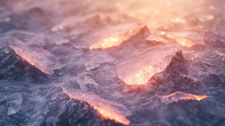 The fractured surface of a glacier, with ice shards glowing under soft morning light.の素材